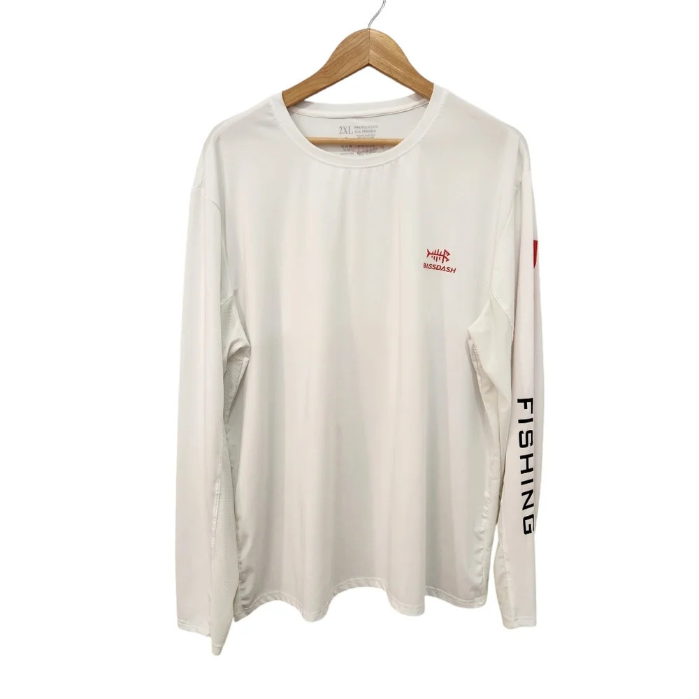 BASSDASH Fishing Shirt Mens 2XL White UV Sun Protection UPF Long Sleeve Stretch
